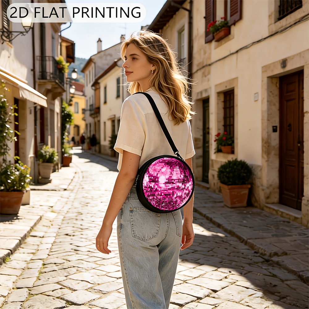TEMU 1pc 2d Print Round Crossbody Bag,pink Disco Ball Mosaic Pattern,women's Casual Purse,women Adjustable Shoudler Strap With Zipper & Top