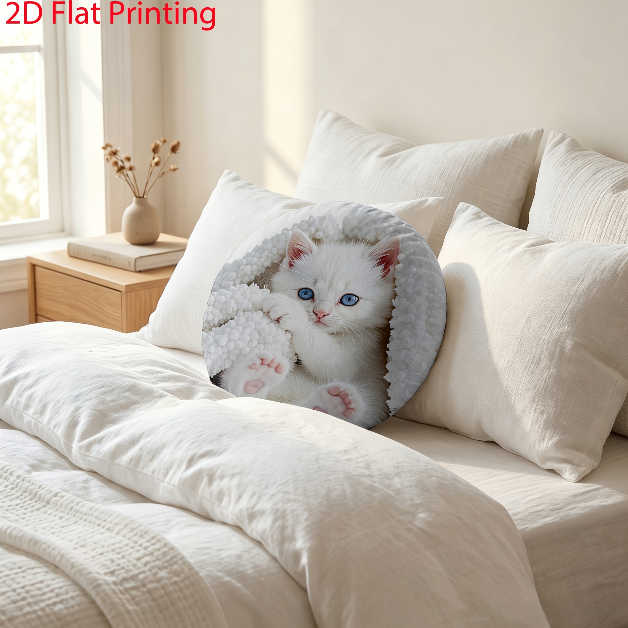 TEMU Coussin décoratif rond chat, coussin avec motif de duveteuse, impression 2D à plat, incluant la housse de coussin et la fermeture éclair