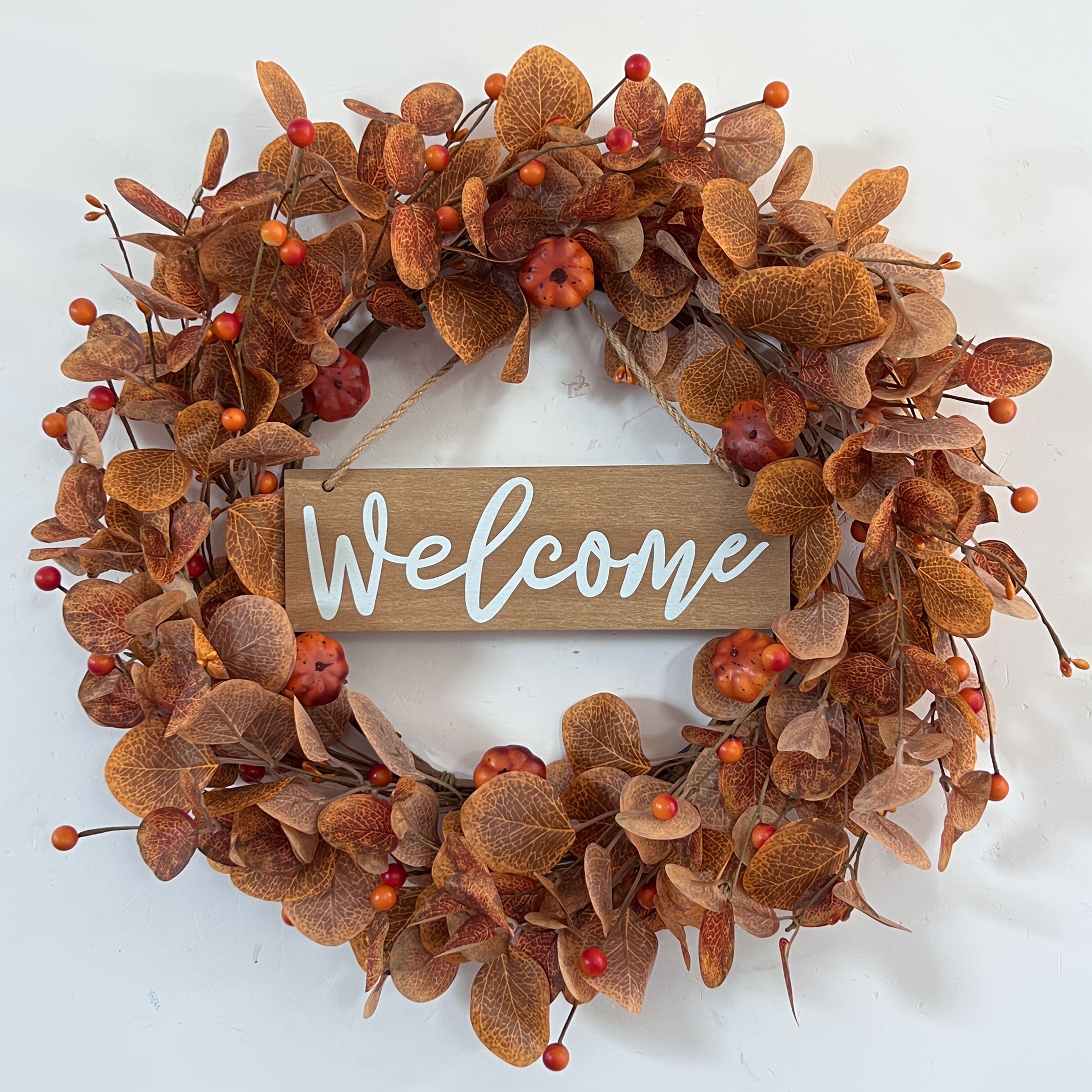 TEMU 50cm Front Door Autumn Welcome Wreath, Autumn Eucalyptus Garland, With Artificial Small Pumpkins And Orange Berries, Farmhouse Harvest Wreath,