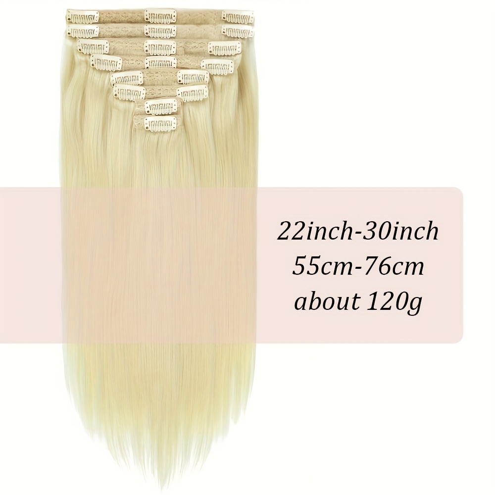 Image of 8pcs (120g) Real Human -in Extensions Suitable For Hair Types - Bleach Blonde (#613) Straight Hair With Clips, & Length For Braids, Ponytails, Buns - Hair For