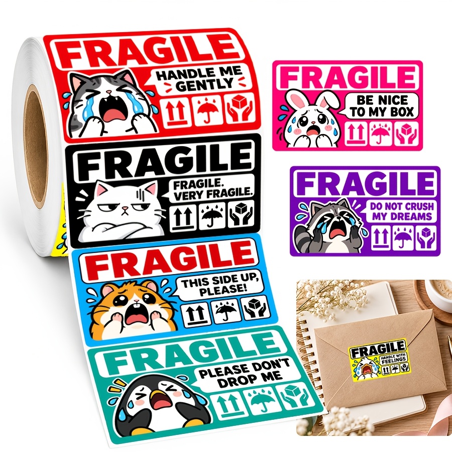 TEMU Rotolo di 500 adesivi fragili, 10 design con a forma di animale e etichette di , adesivi di avvertimento per spedizioni per scatole, confezioni,