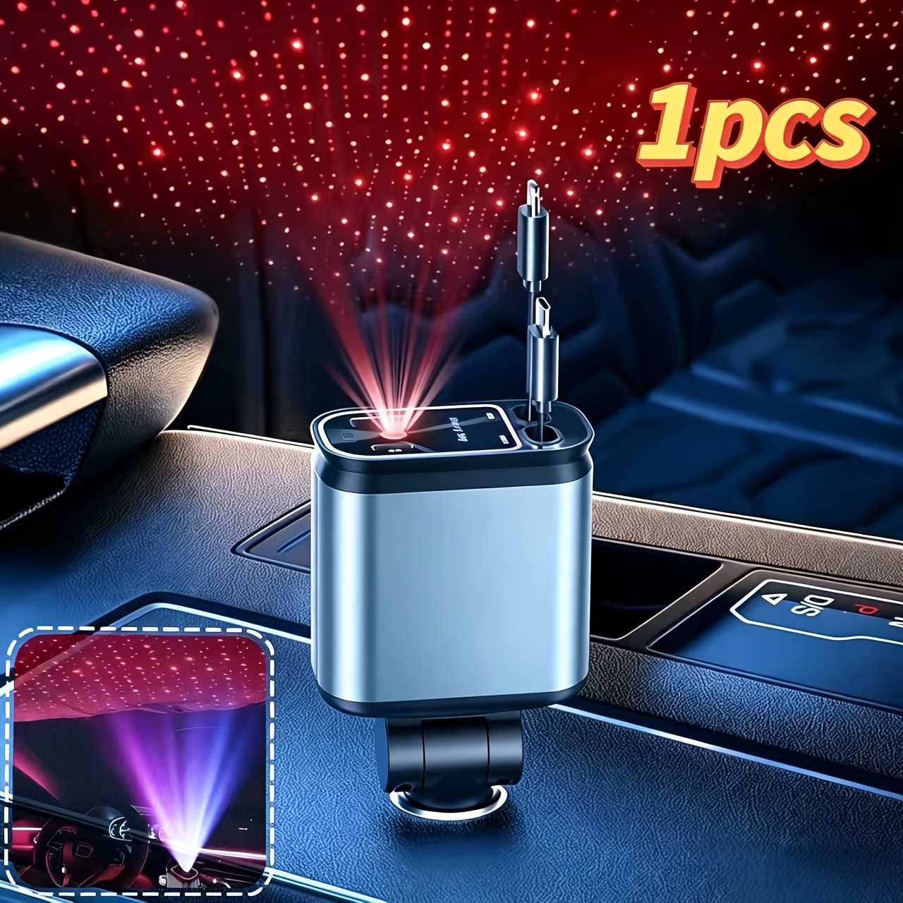 TEMU [gorgeous Starry Sky Atmosphere Artifact] 4-in-1 Fast Car Charger, 66w Dual Retractable Car Charger With Starry Sky Light, With 2 Usb Ports, Can