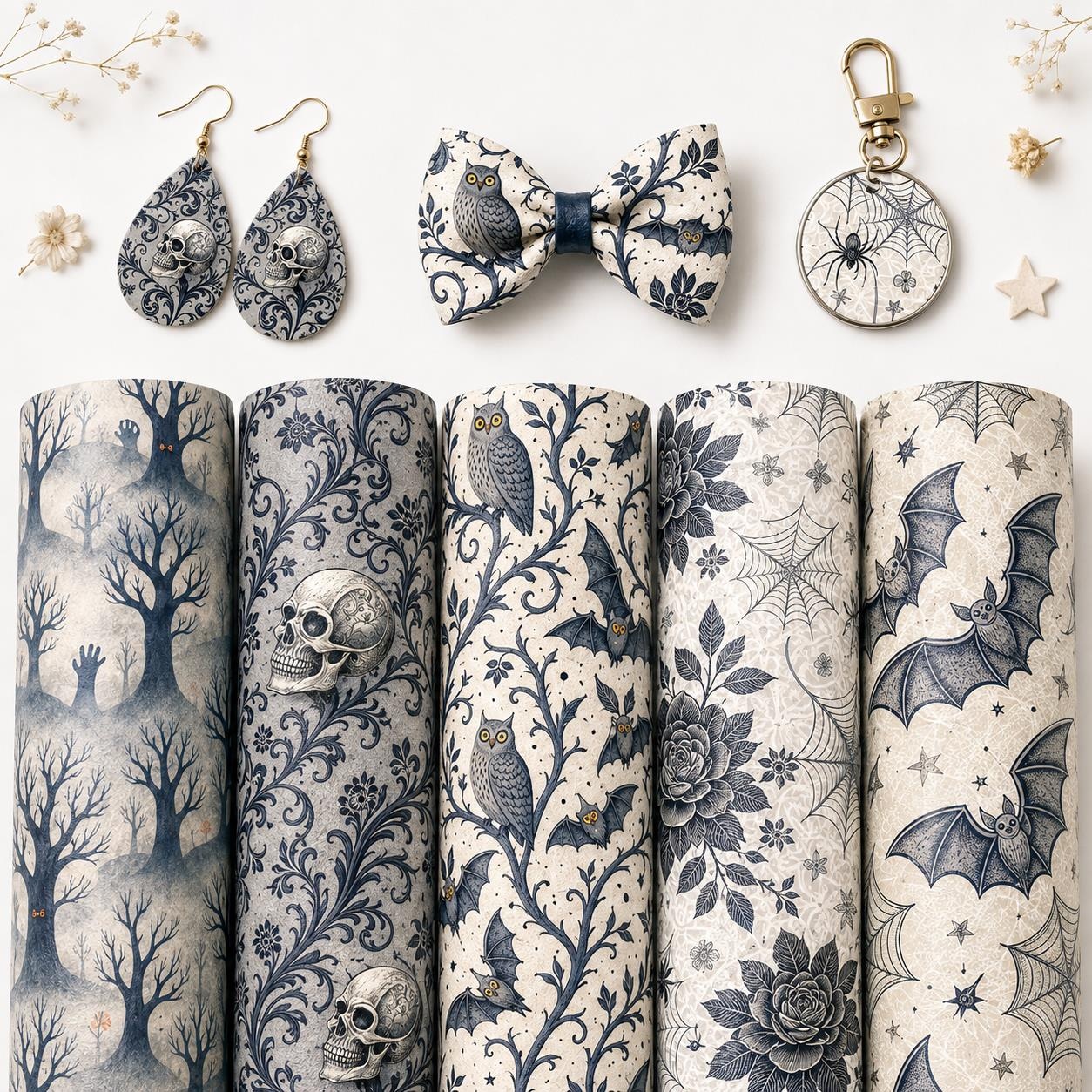 TEMU 5pcs/set 7.87x12.99inch Horror Halloween Series Faux Leather Sheets Bat And Owl Printed Synthetic Leather Fabric Smooth Textured For Earrings