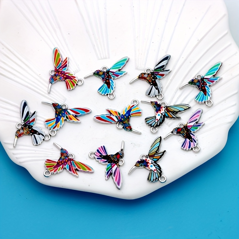 E-shop Mix Kleine Unternehmensbedarf 12 Stück Zinklegierung Beschichtet Silberfarbener Emaille Farbe Kolibri Anhänger Blume Vogel Kolibri Verbinder