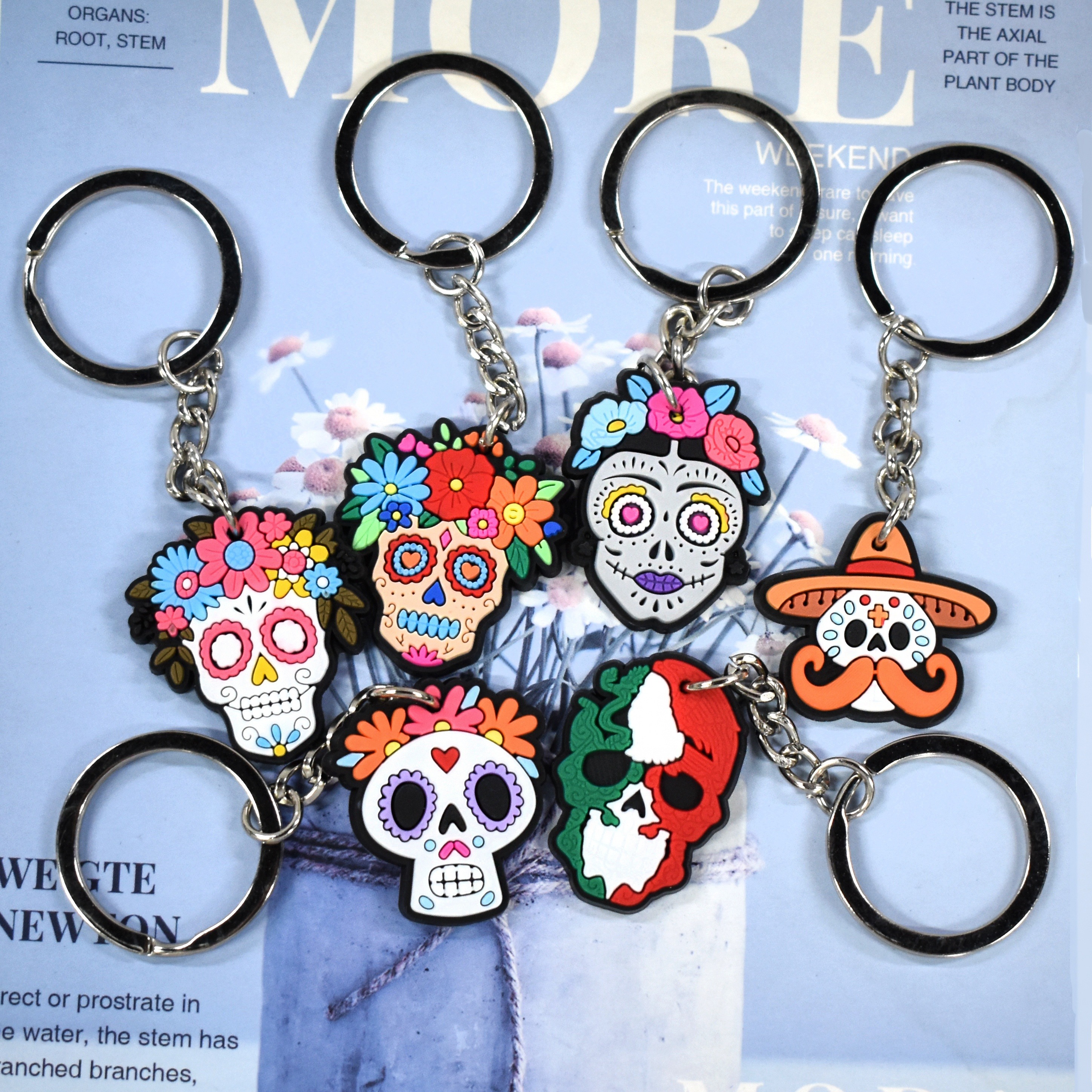 

6-pack Of Colorful Pvc Day Of The Dead Skull Keychains - Perfect For Festive Decorations And Gift Giving