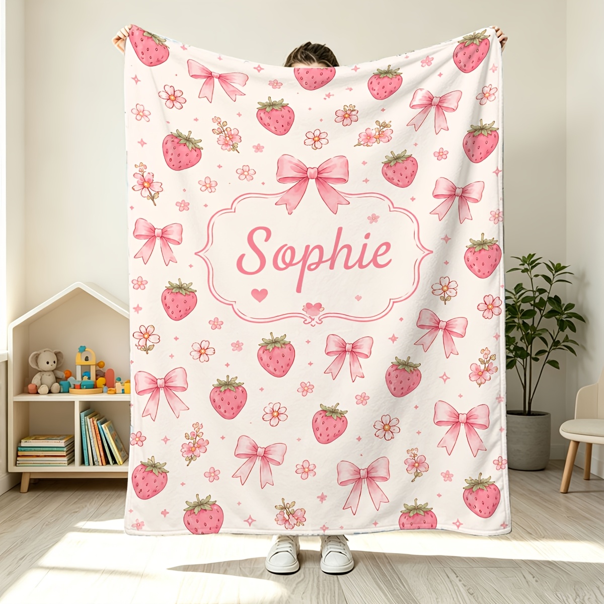Custom Name Pink Strawberry Floral Pattern Flannel Blanket