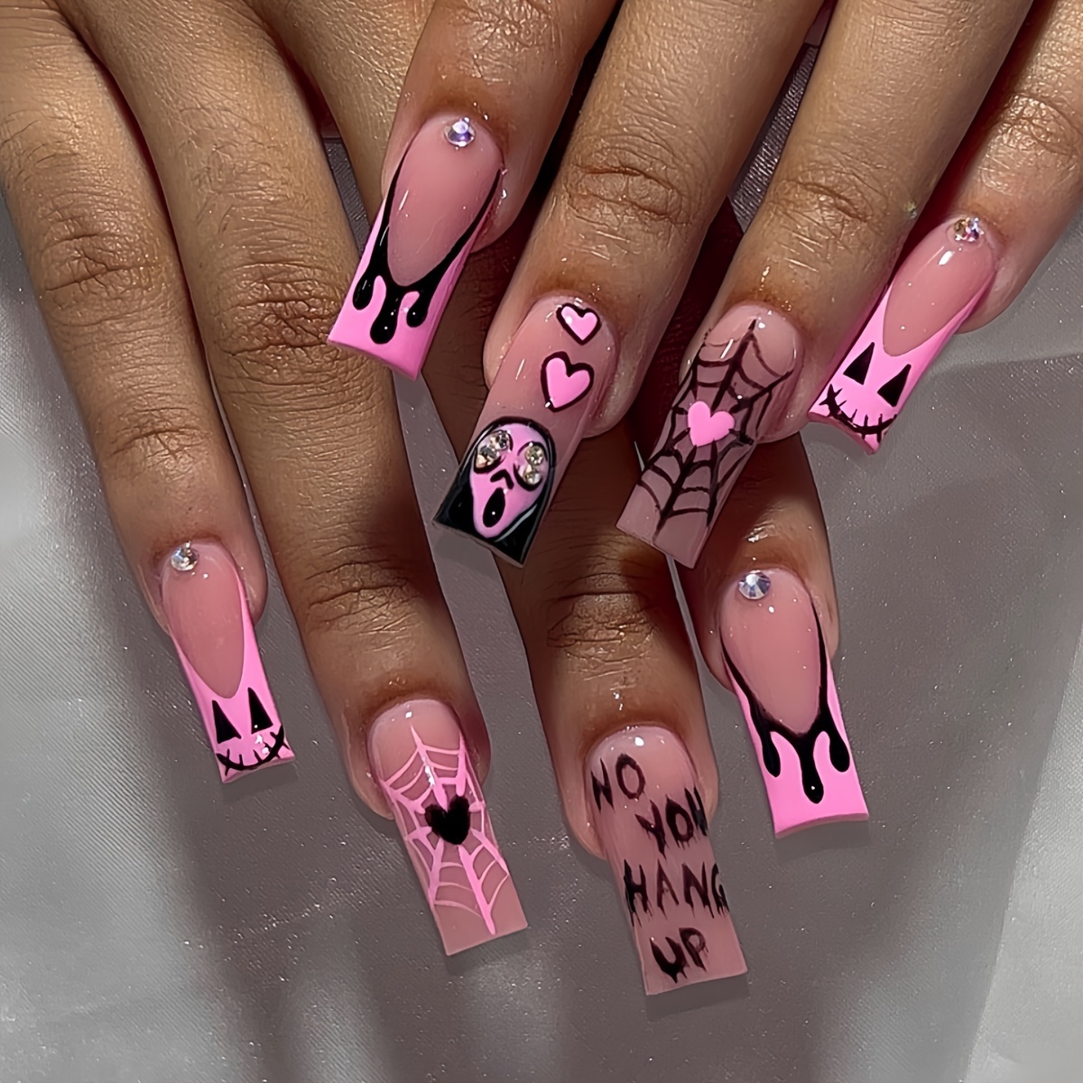 

24pcs Halloween Press-on Nails Set - Pink French Long Coffin Shape With Spider Web & Designs, , Includes Jelly Adhesive & Nail File For Women And Girls