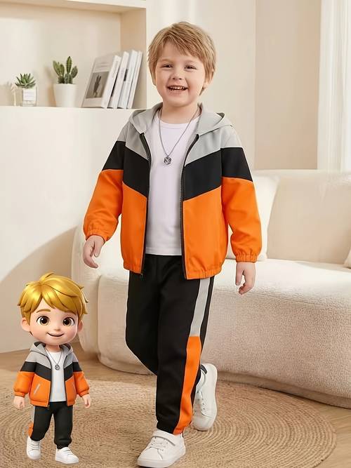 a 2pcs kids color block casual set featuring a hooded zip up jacket and long pants it adopts color splicing design in gray black and a sporty and fashionable style suitable for childrens daily is