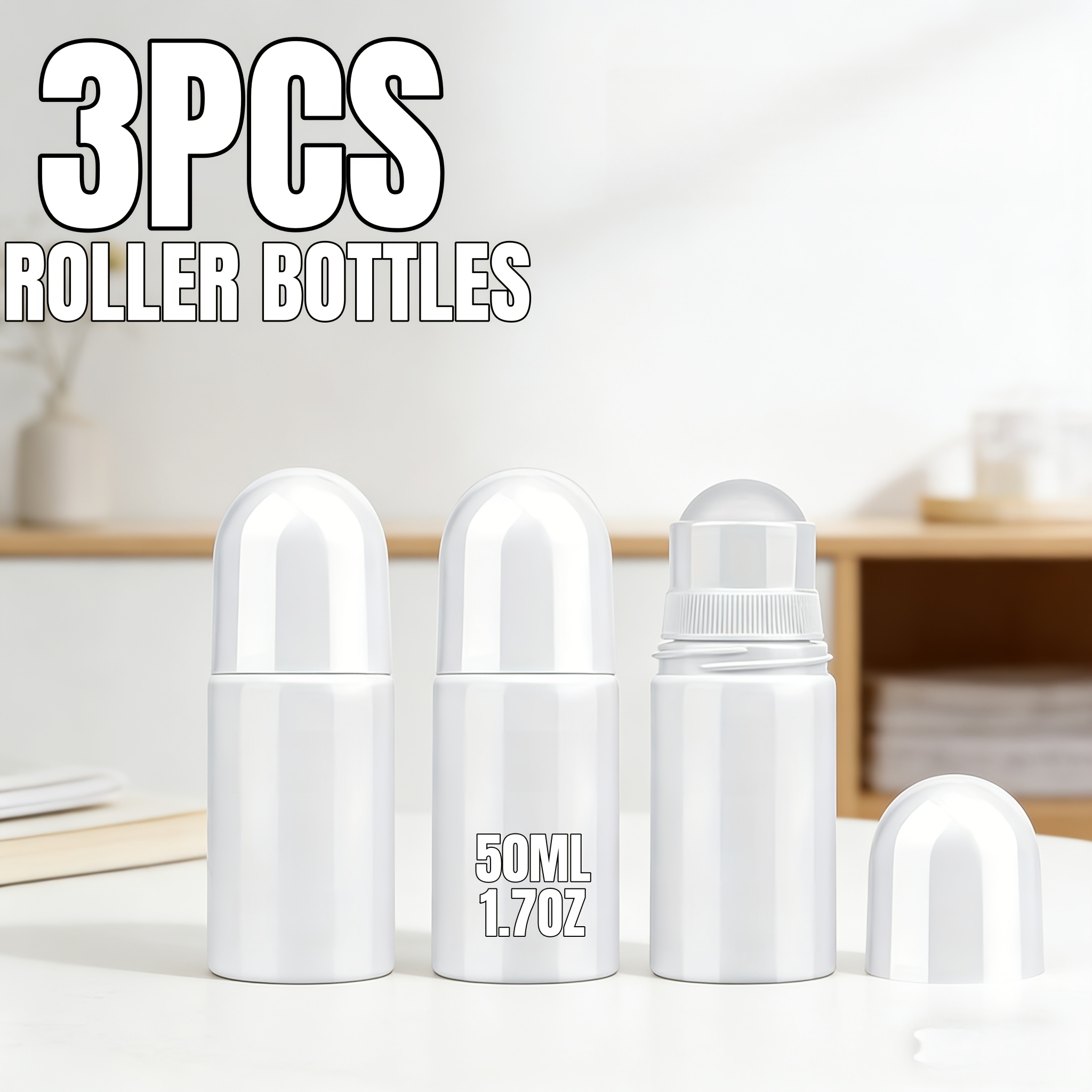 TEMU 3pcs 1.7oz /50ml Bottles Empty Refillable Roller White Plastic Anti-perspirant Roller Ball Perfume Bottles For Diy Deodorants, Essential Oils,