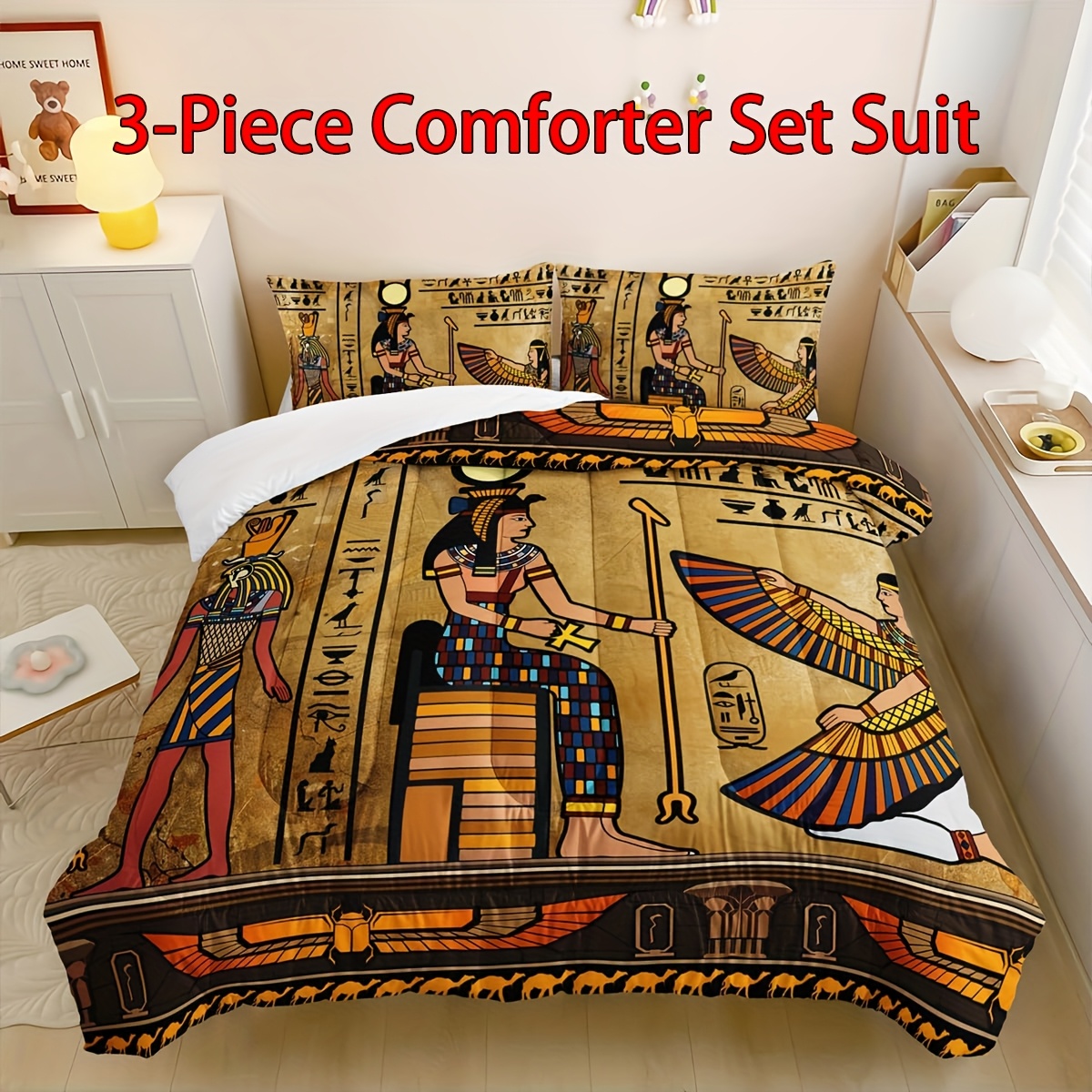 3pcs comforter set pharaoh pyramid printed quilt for bedroom decor   1 comforter and 2 pillowcases