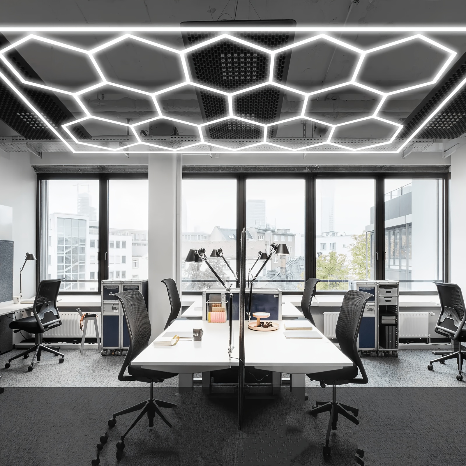 Hexagon For Garage Lights, 603w 60300lm Led For Garage Lighting System, 14-grid Honeycomb Design With Border, 6500k Daylight White, , Durable Hex Led Lights For Garages, Car Detailing Shops, & Gyms