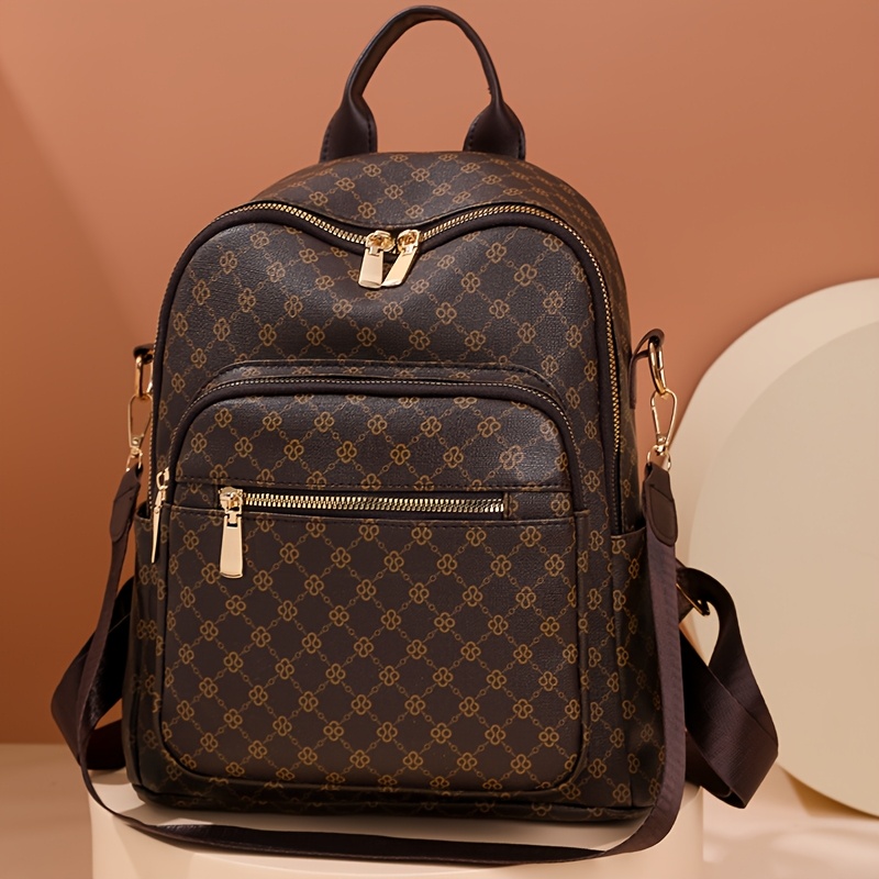 Brown Geometric Backpack with Gold Zipper and Leather Handles Monogram Unisex Backpack Matte Brown - Trendy and Functional  main image 4