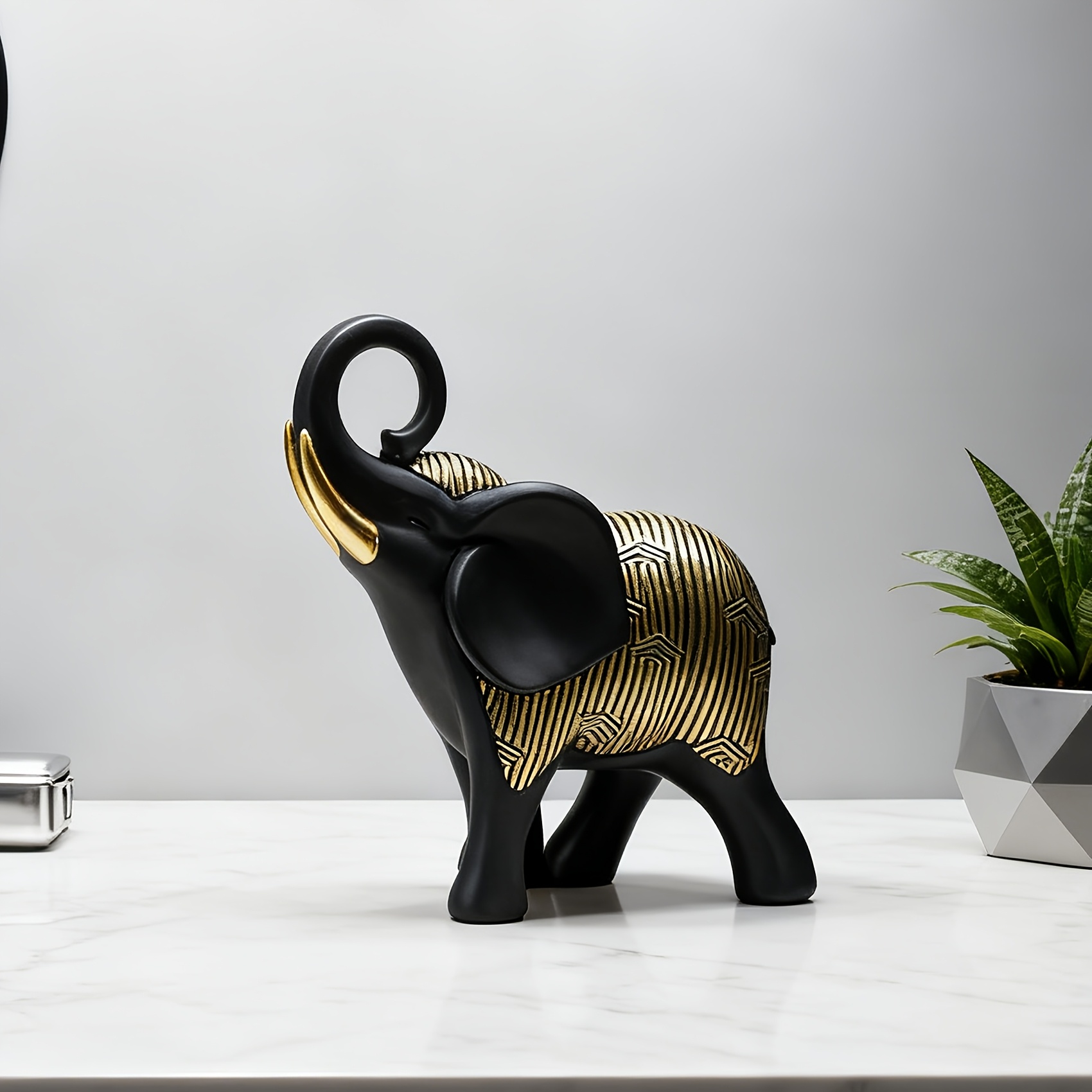 Golden Striped Black Elephant Figurine Overview