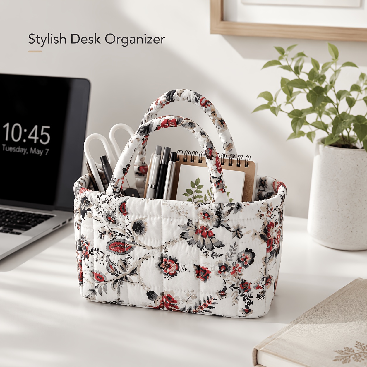 TEMU Small Bouquet Storage Basket, Quilted Fabric Basket With Handles, Cute Decorative Basket For Cosmetics, Toiletries, Office Supplies, And Home