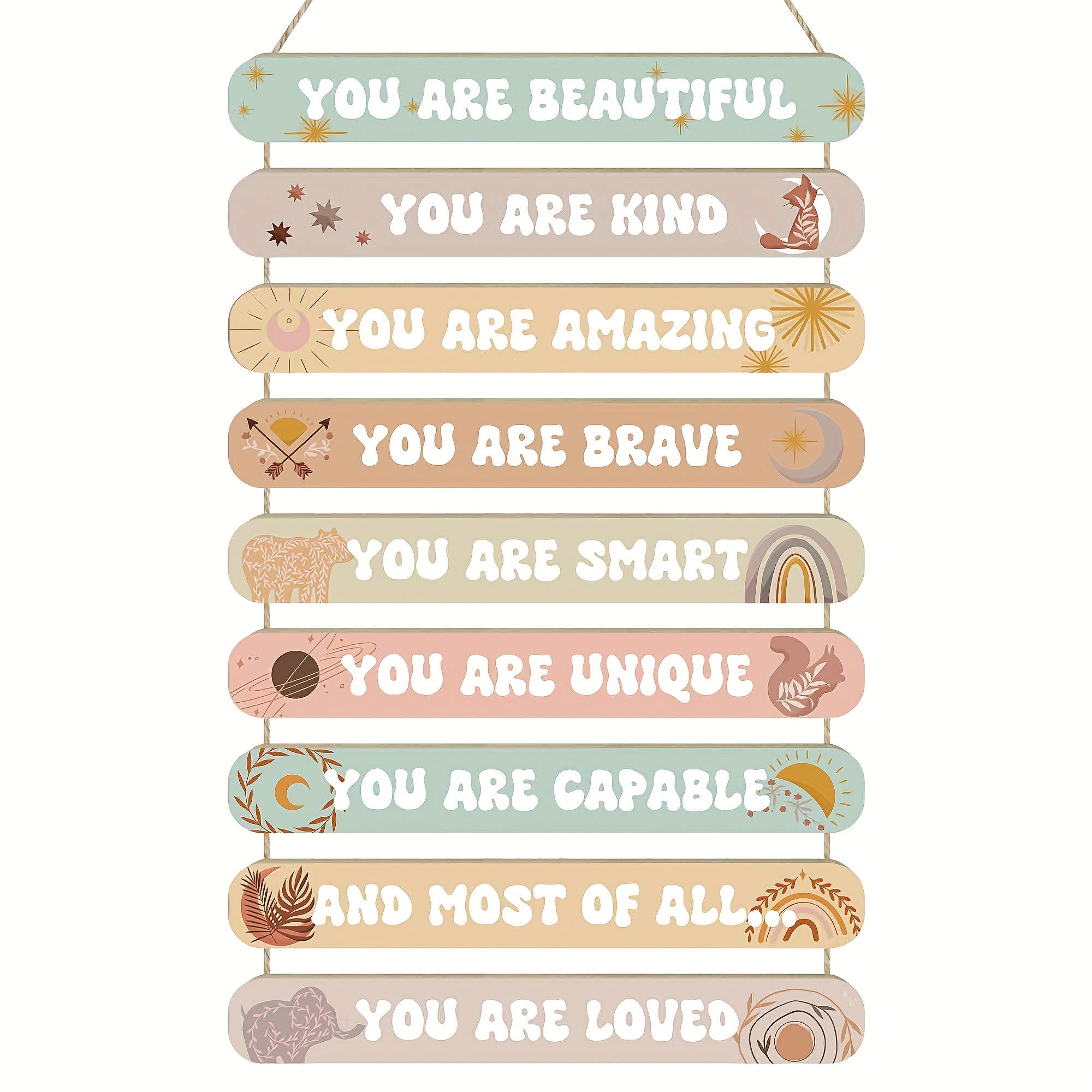 TEMU 9pcs Bohemian Style Inspirational Wall Decor Set, Positive Affirmation Hanging Wooden Signs, Motivational Language Art Plaques For Home