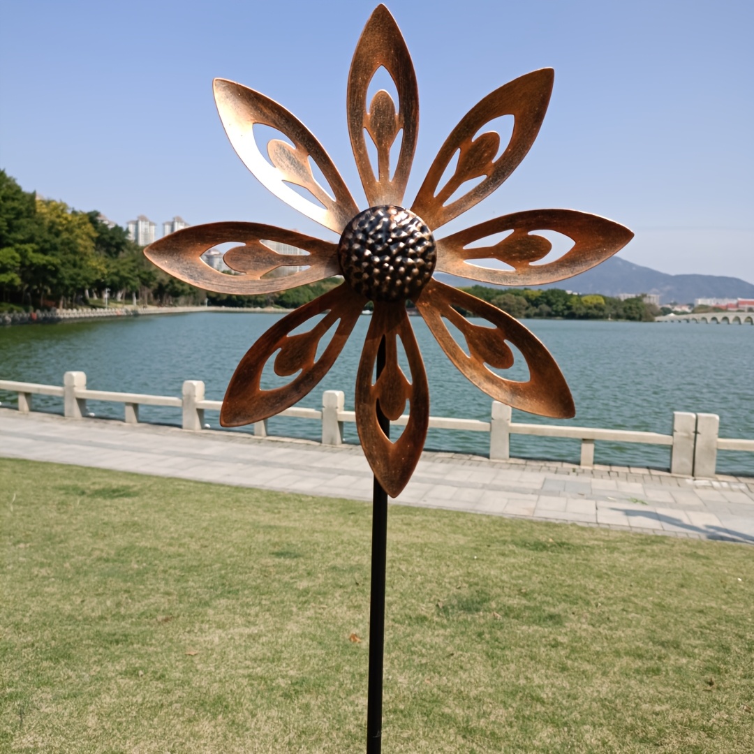 Image of 1pc Single-sided Flower Diameter 11.8in Face Retro Metal Windmill Outdoor Garden Yard Decoration Ornament