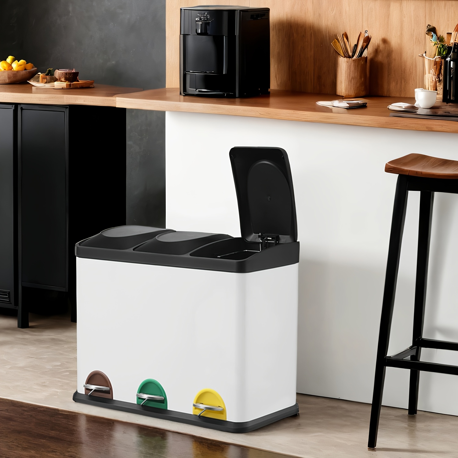 Three-compartment Trash Bin, Kitchen Waste Sorting System, Metal Foot Pedal Bin, 3 X 15 , Covered Pedal Trash Can