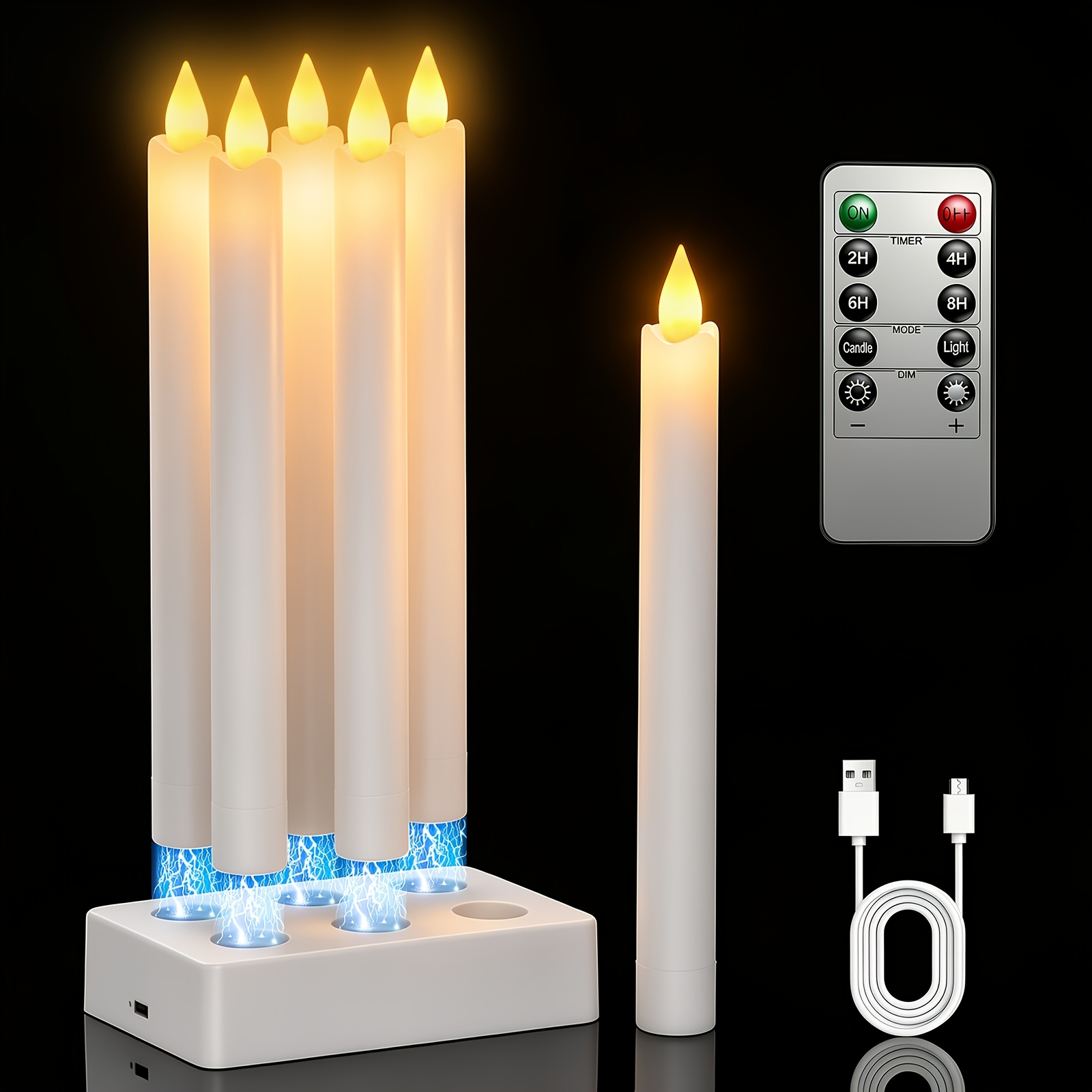 Image of Set Of 6 Led Flame-free Long Candle Lights (with Charging Base And Remote Control), 1200mah Warm Simulated Candles, Perfect For Christmas, Halloween, Thanksgiving, Weddings, And Valentine's Day
