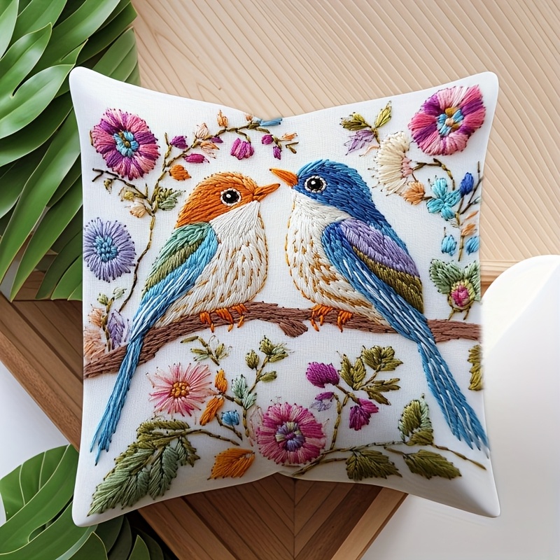 

Birds Embroidered Throw Pillow Cover – Floral And Design , Zipper Closure, Machine Washable Polyester, Ideal For Sofa, Living Room, Bedroom, Office Decor, 18x18 Inches, Bird Decor