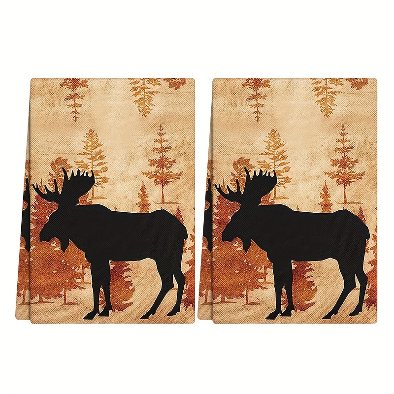 

2pcs, Dishcloth, Rustic Moose Kitchen Towel Set, Vintage Animal & Forest Design, Festive Dishcloth, Polyester Kitchen Towel, Cleaning Supplies