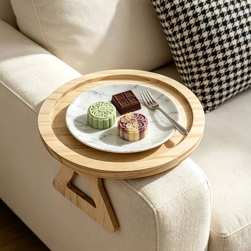 sofa armrest tray wooden disc circular storage sofa with legs tray foldable bed circular tray clamped armrest tray with feet side tea table with water cup clamp small household artifact tea table non food contact