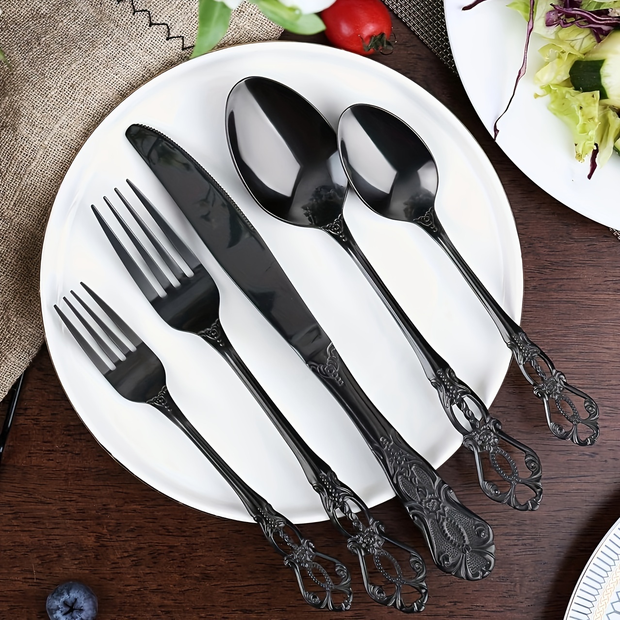 

Rustproof Stainless Steel Flatware Set, 30 Piece Black Vintage Set, Serves 6, Includes Spoons And Knives, Dishwasher Safe