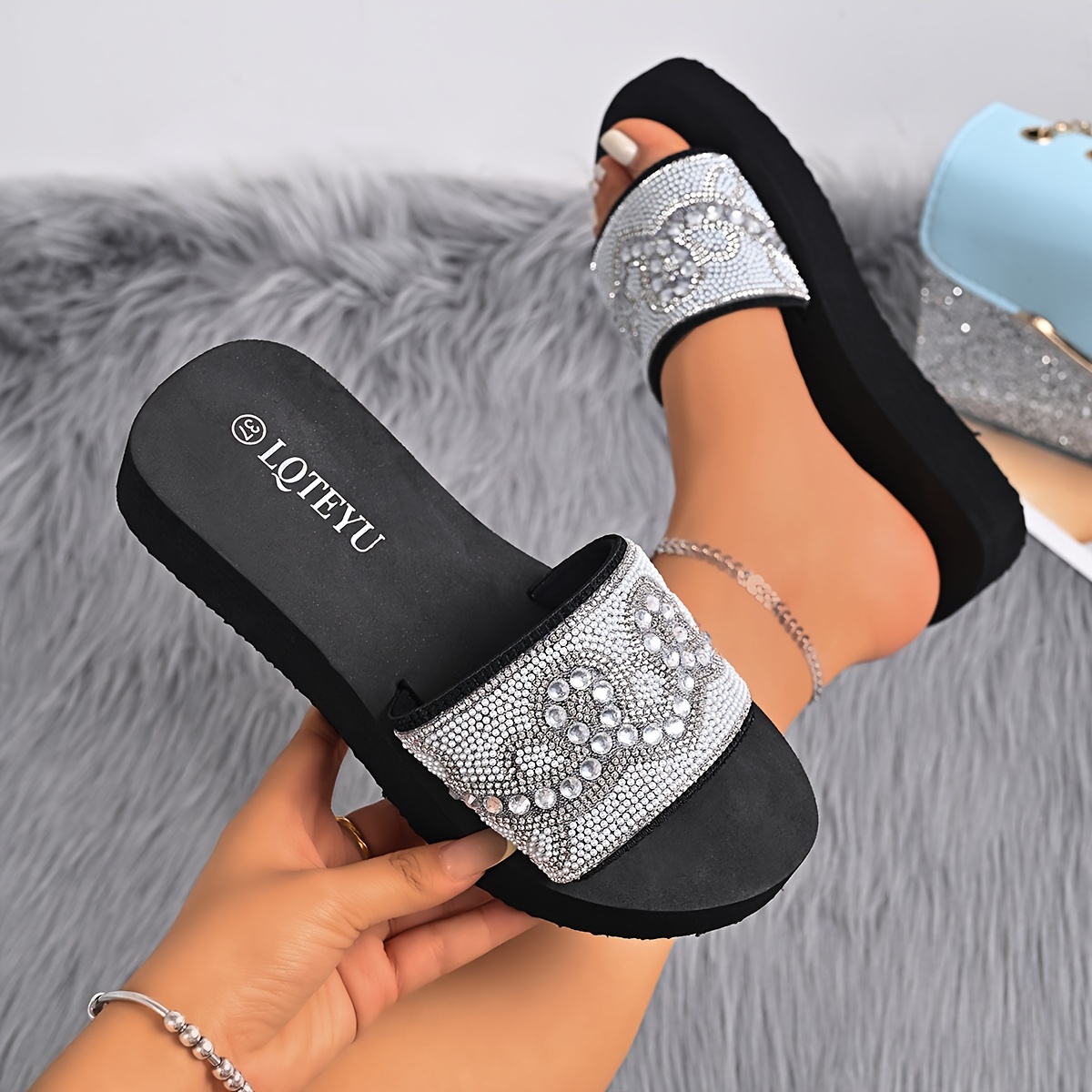 TEMU Summer Fashion Women's Slip-on Slippers With Rhinestone Decor And Single Strap, Women Shoes