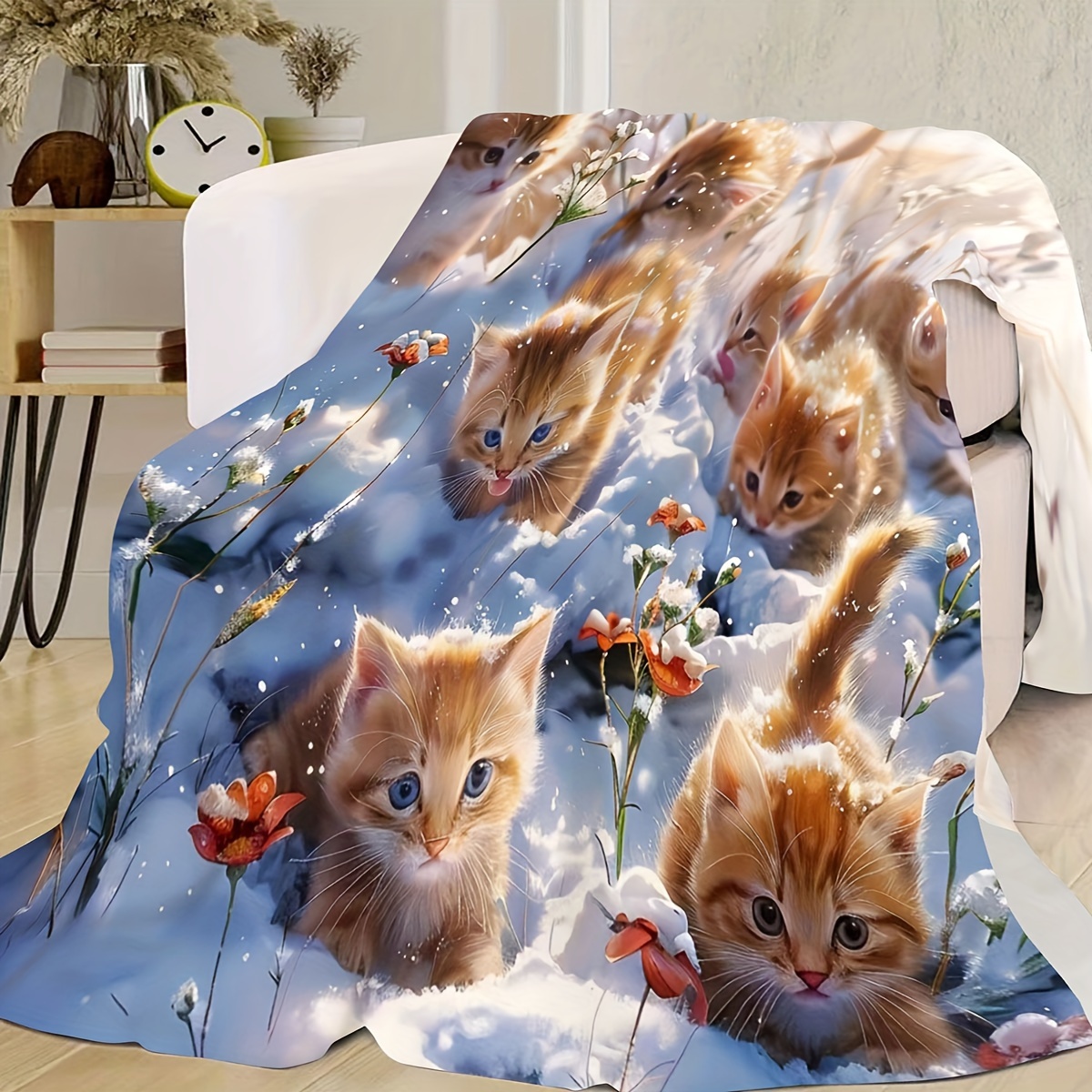 

1pc Cozy Kitten Fleece Blanket, Soft Lightweight Warm Throw, For All , Cute Cat Print, Couch Or Bed, College Style Decor