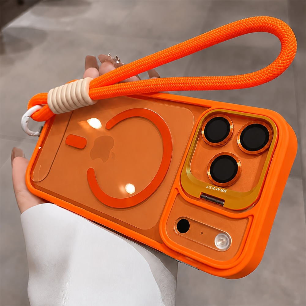 TEMU Phone Case - Luxury Orange Lanyard Magnetic Wireless Charging Metal Lens Stand Phone Case, Compatible With Iphone 17 Pro Max Air 16 15 14 13 12