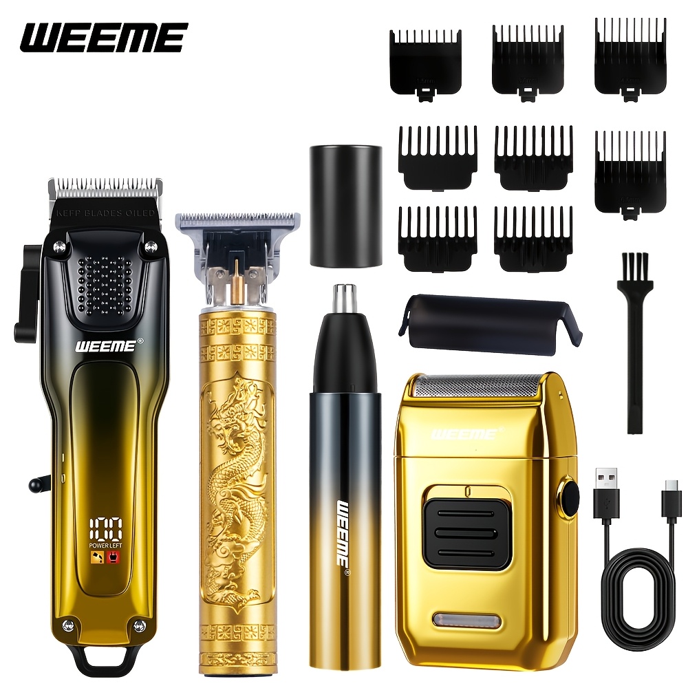 TEMU WEEME Kit de Coupe de Cheveux Professionnel 4 Pièces pour Homme, Tondeuse Fil, Taille-détails à Lame en T 0-Gap, Tondeuse à Poils de Nez et
