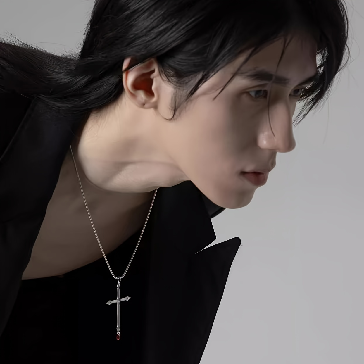 Cross Red Zirconia Necklace, Snake Bone Chain