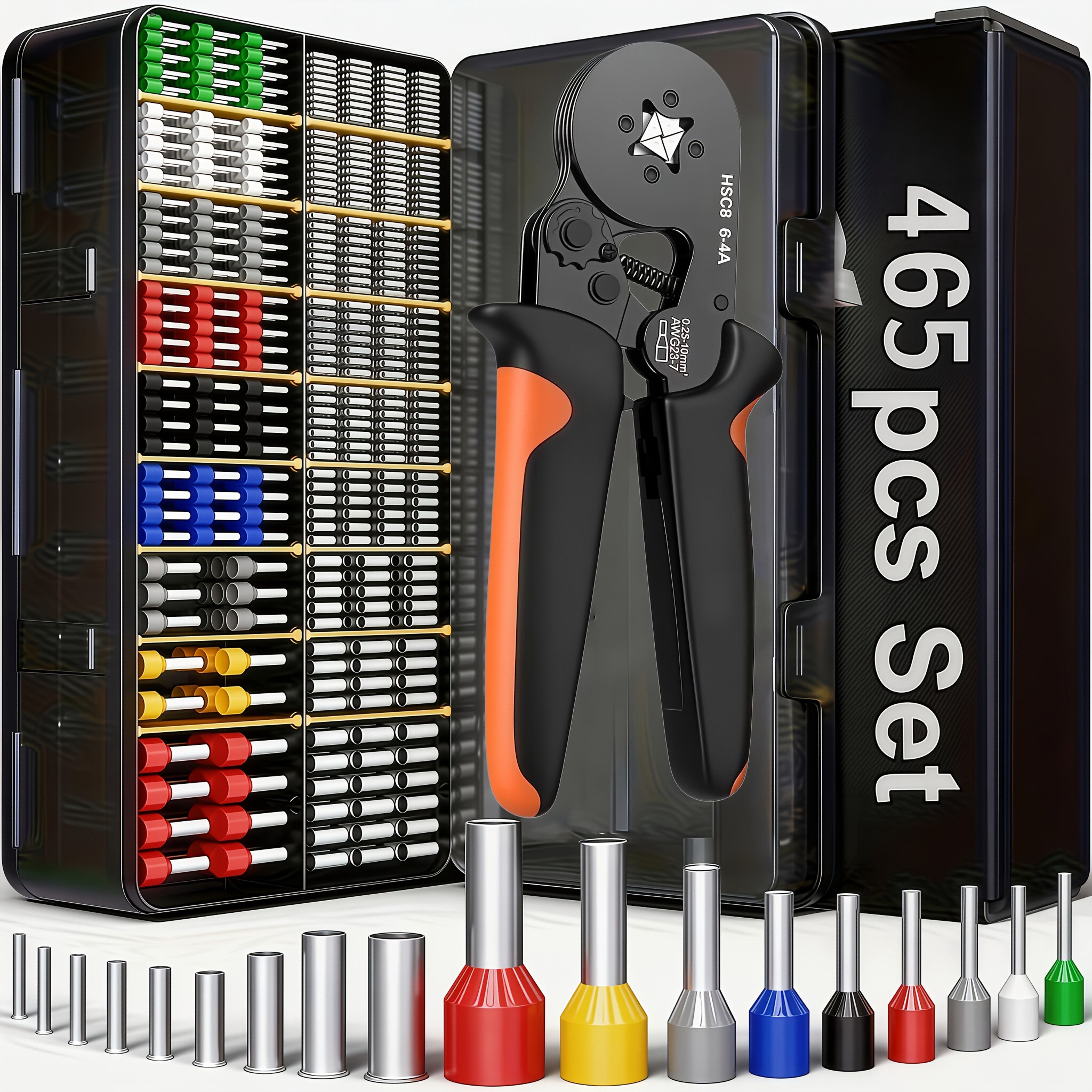 465pcs electrician crimping kit suitable for hsc8 6 4a crimping pliers 0 25 10mm awg23 6 including ve tube terminals 164 heat shrink tubes with durable plastic handle and wire repair clip suitable for home and professional electricians