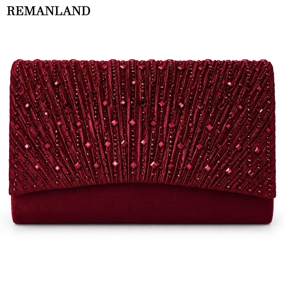 TEMU Women's Burgundy Sequined Clutch, Exquisite Rhinestone Evening Bag, Luxurious Fashion Handbag, Elegant Envelope Purse, Suitable For Weddings,