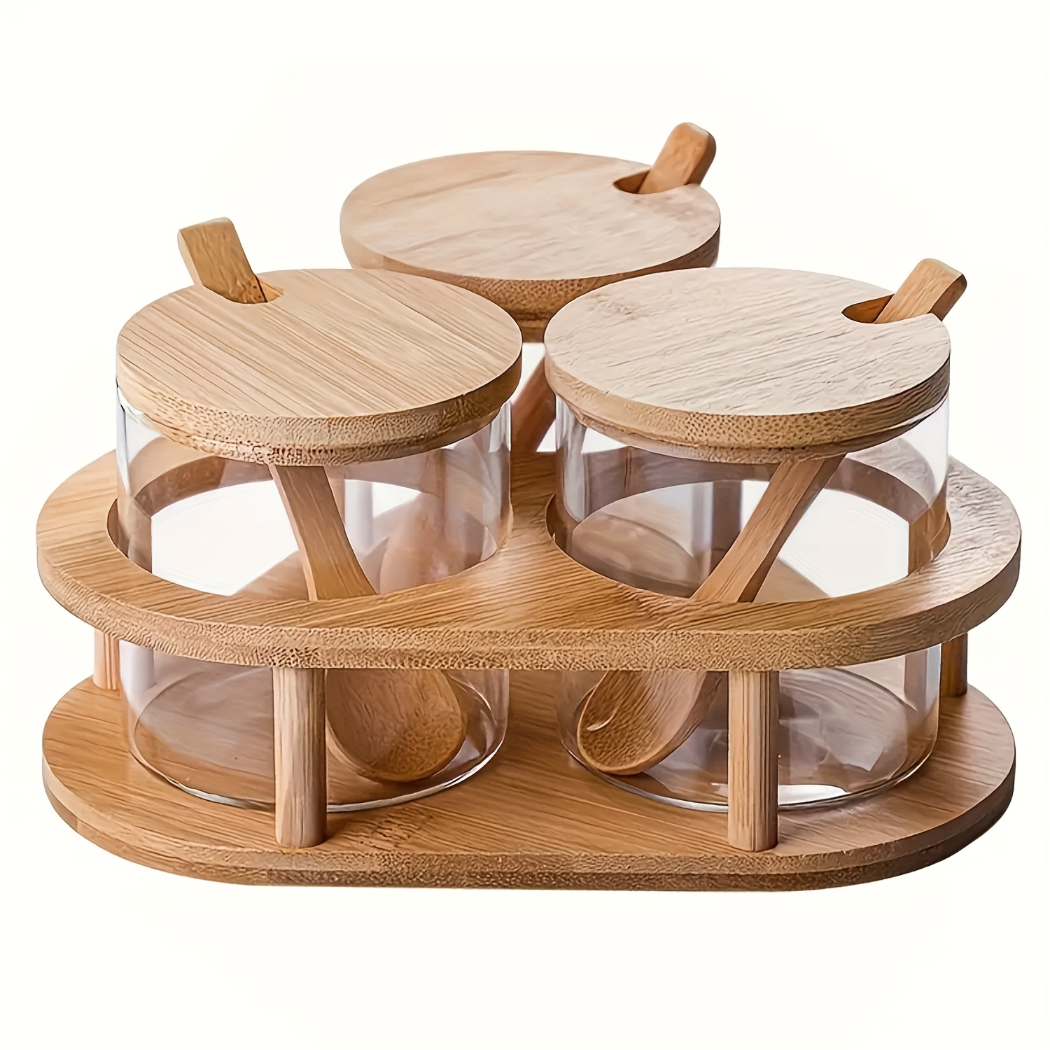 TEMU 1 Set, Multifunctional Glass Seasoning Jar Set With Wooden Lid, Triangular Wooden Tray - Spice Bottle, Glass Seasoning Storage Bottle, Storage