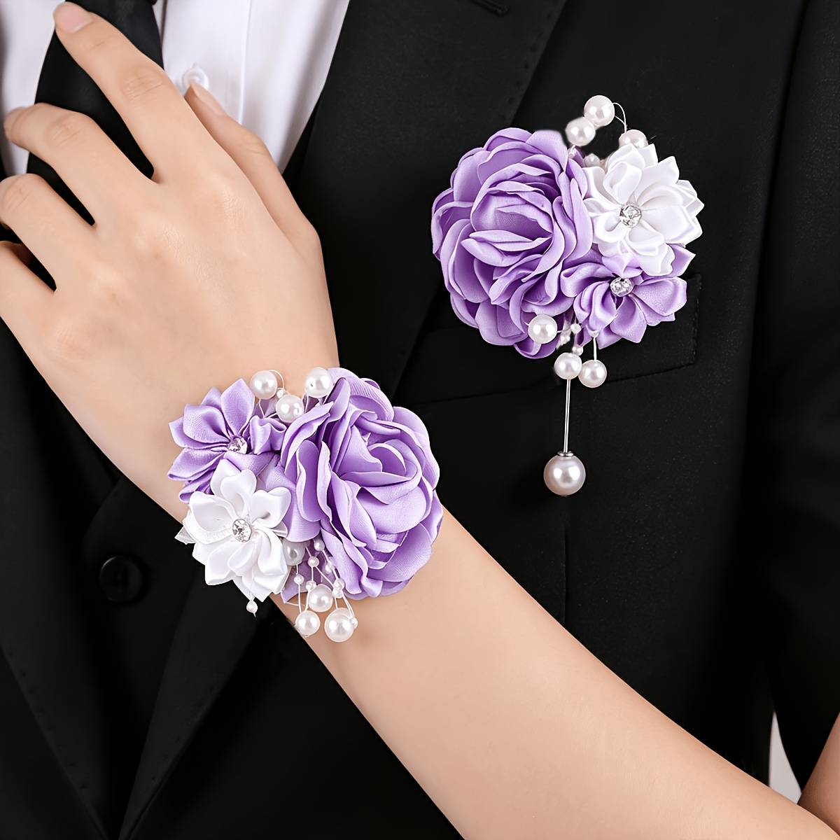 TEMU Set pezzi Bouquet con e boutonni癡re da sposa - Rosa artificiale viola chiaro con perline bianche, per matrimoni, damigelle d', testimoni dello ,