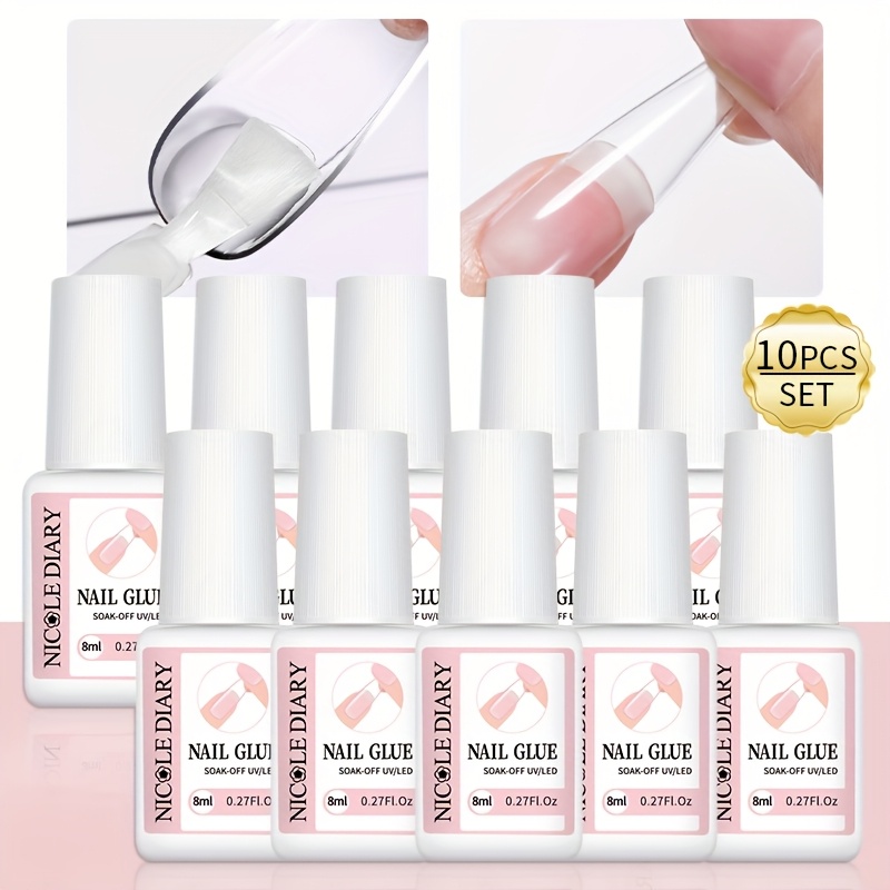 TEMU 10pcs Diary Brush On Nail Glue Set - 8ml X10 Bottles (0.32fl.oz Each) Super Strong Liquid, Easy Application Formula For Press On Nails, False Tips, Fake Nails - Professional Manicure Kit