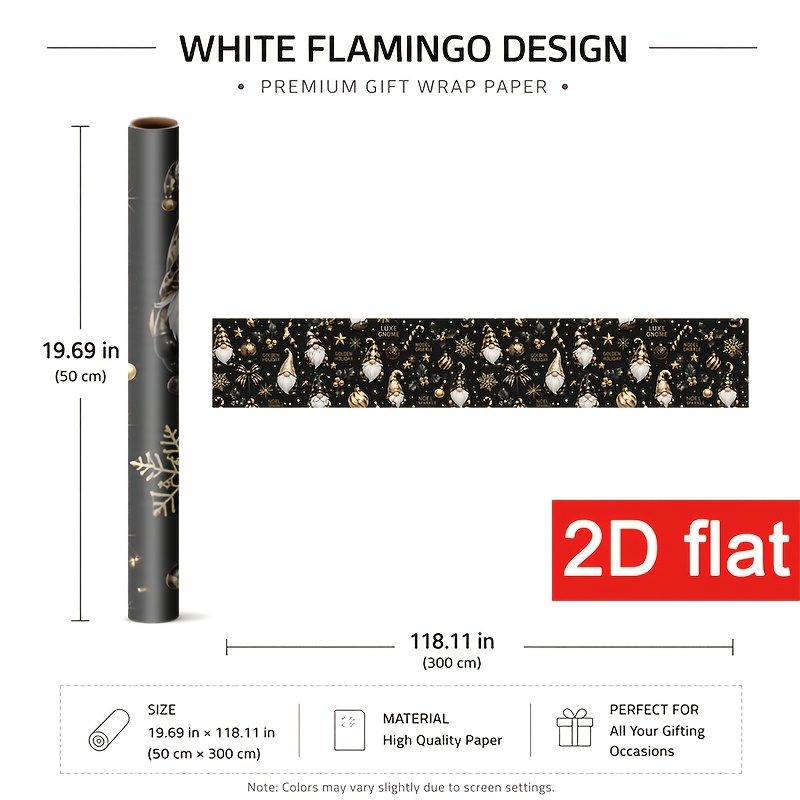 TEMU Papier Cadeau Décoratif 2D Plat 1 Rouleau 50X300Cm (19.7X118.1In) pour Noël, Papier d'Emballage Cadeau de Fêtes d'Hiver avec Gnomes, de Neige,