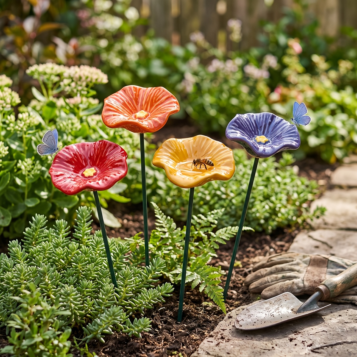 TEMU 4pcs Handmade Ceramic Bee Feeders, Water Dishes, Bee Sugar Feeders, Flower-shaped Drinking Cups, Suitable For Bees And Butterflies, Made Of
