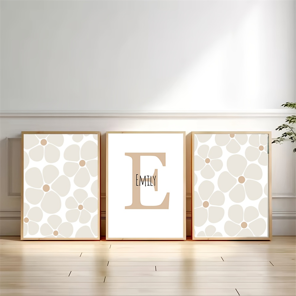 TEMU Plat 2D, 3 pièces Affiche Florale Beige Cadre Personnalisée avec Nom, Art Mural sur Toile Marguerite, d'Art Bohème, Peinture Murale pour Chambre