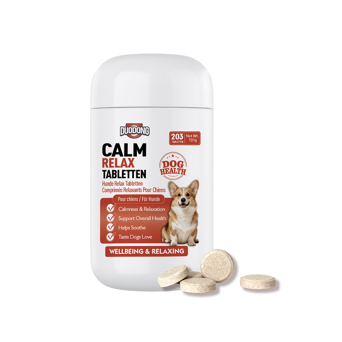 E-shop Beruhigende Kauhäppchen für Hunde, enthalten 203 Tabletten, entwickelt, um Hunde bei Stürmen, Feuerwerken und Reisen zu unterstützen, dient auch