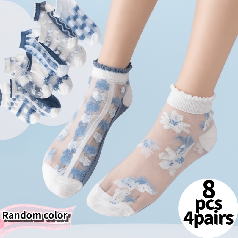 E-shop 8 Stück/4 Stück Sommer Damen Blau und Weiß Dünne Kühlende Atmungsaktive Hohle Glas Mesh Ösen Kurze Socken, mit Niedlichen Blumendarstellungen,