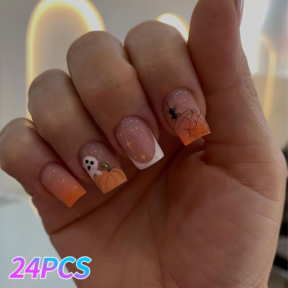 TEMU Press-on Nails, Short Square Fake Nails For Women, 24pcs Glossy Press-on Nail Set, Halloween-themed Prints With Pumpkin,, And Web , Reusable