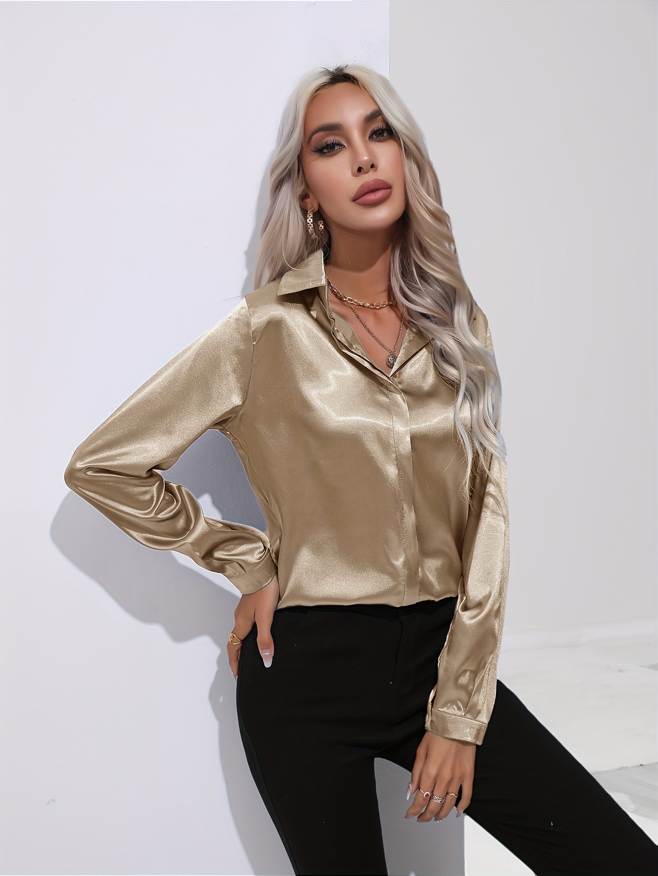 elegant red satin long sleeve blouse women smooth shiny Temu
