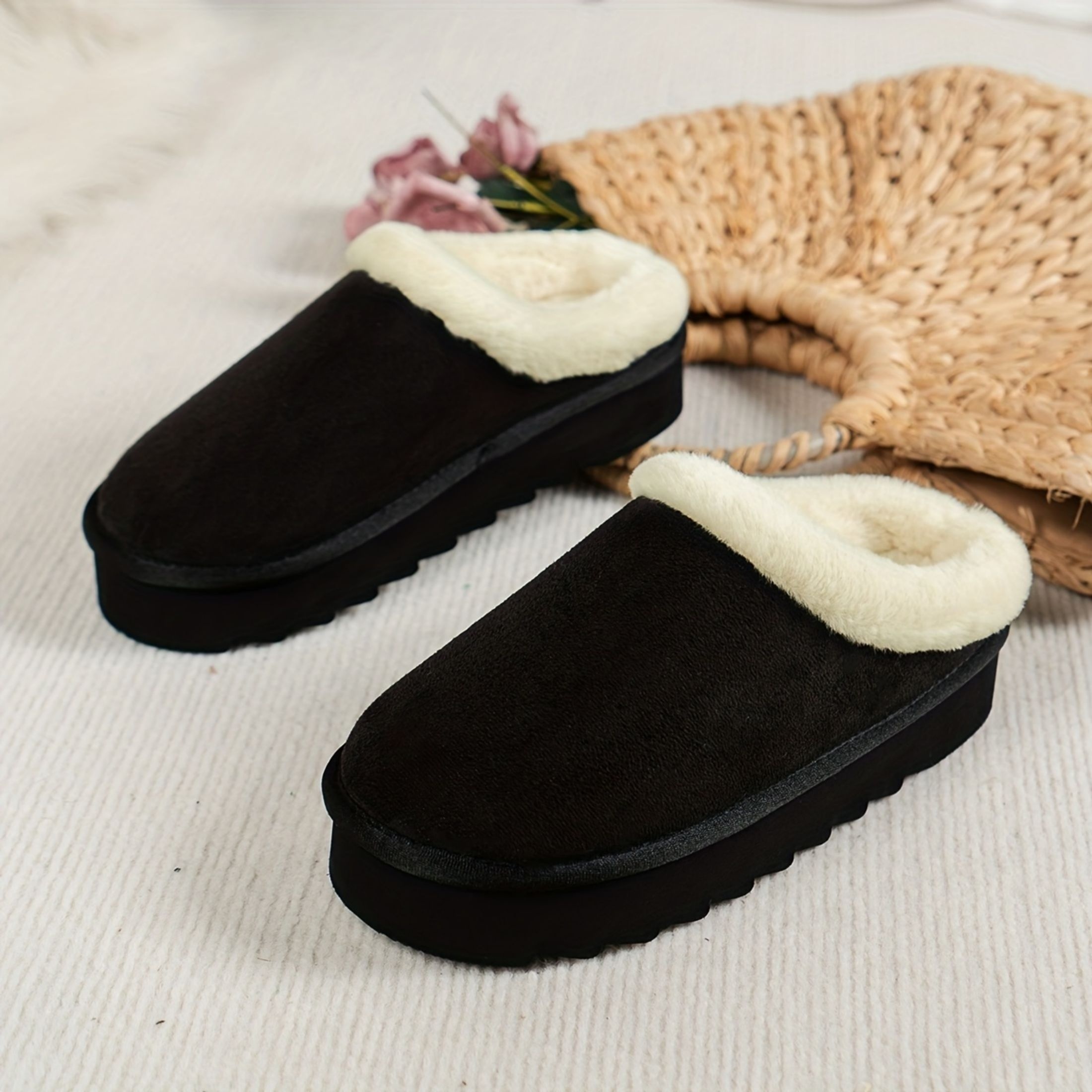 

Women's Fuzzy Platform Slippers, Warm Cozy Indoor & Outdoor Faux Lined Clog Slippers