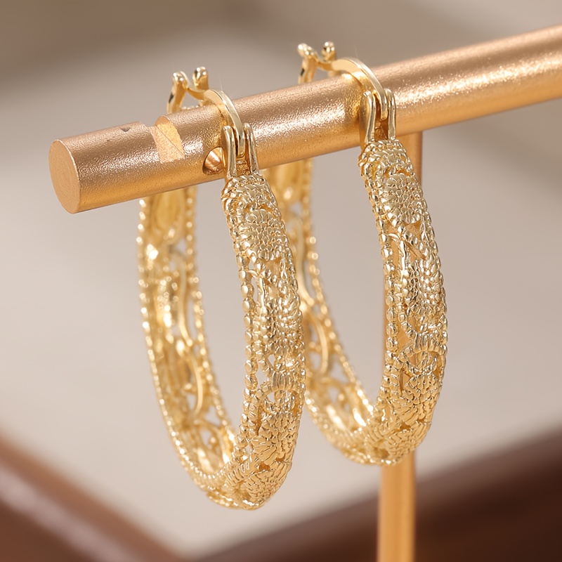 TEMU Classic : Golden Floral Hoop Earrings &ndash; Copper , Perfect For High-end Occasions & Parties, Jewelry Gift Accessories