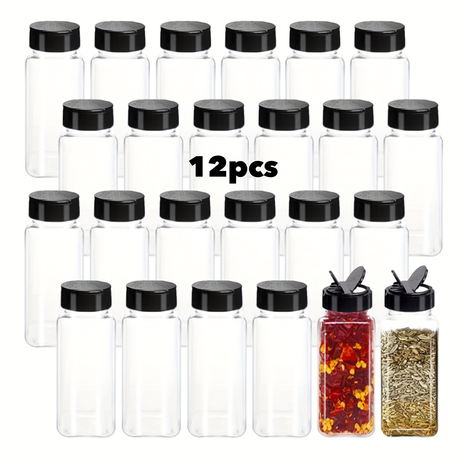 6/12-pack 5oz (. 150g) Square Plastic Spice Jars With Black Screw-on Lids, For Storing Spices, Powders, And Chili Peppers