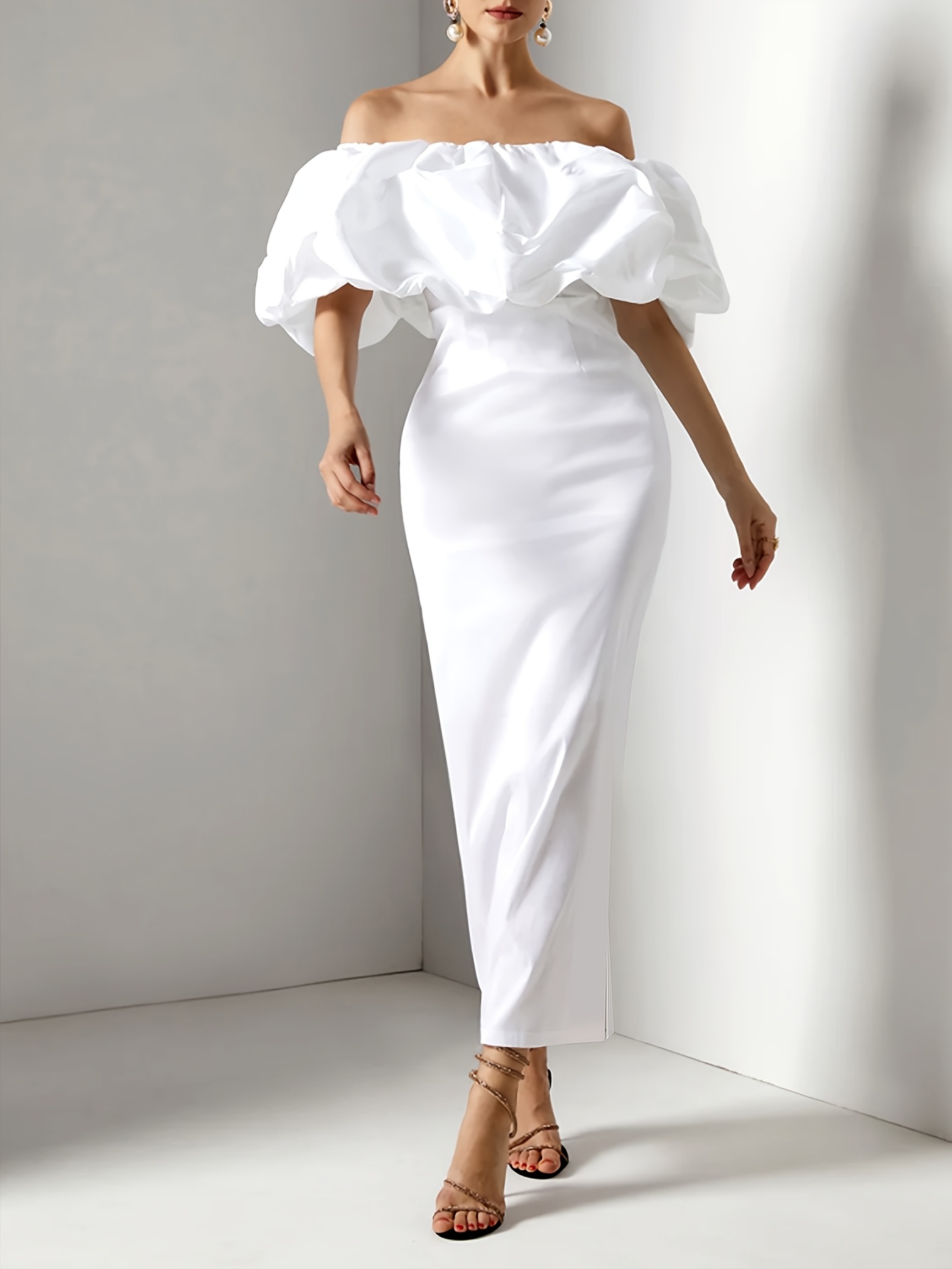 blue dress for baby girl White Midi Dress Long Sleeve Square Neck Ruched Bodycon main image 1