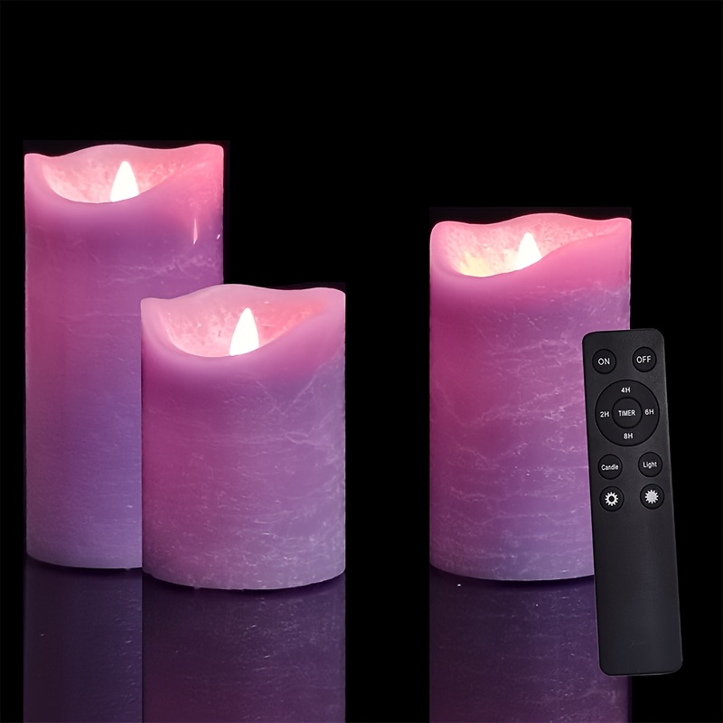 

3pcs Battery Operated Flameless Candles With Remote Automatic Daily Cycle Timer Realistic Flickering Electric Led Pillars Wedding Party Holiday Decoration Rustic Texture Purple