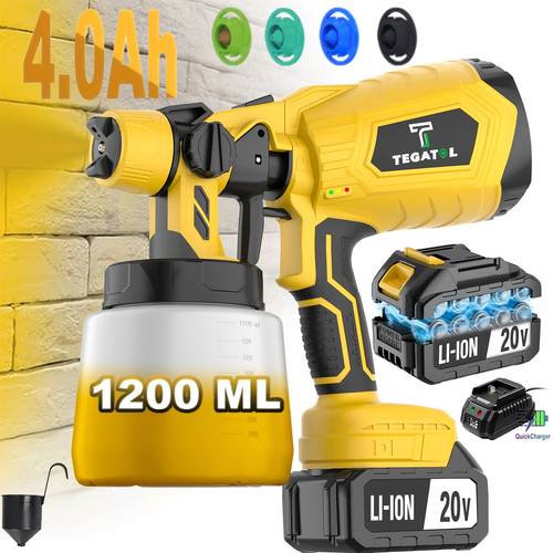 20v cordless paint spray gun paint sprayer tool high power with 1200ml container lithium battery and charger 4 nozzles 3 patterns for house painting furniture cabinets compatible with stains sealers and latex paints