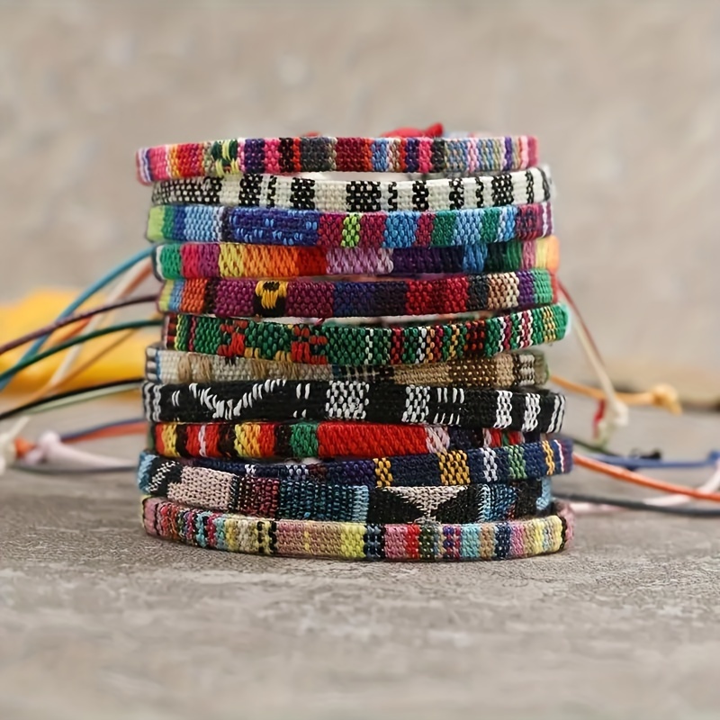 

12pcs Chic Cotton Linen Woven Bracelet Set - High-quality, & Wristbands For Men